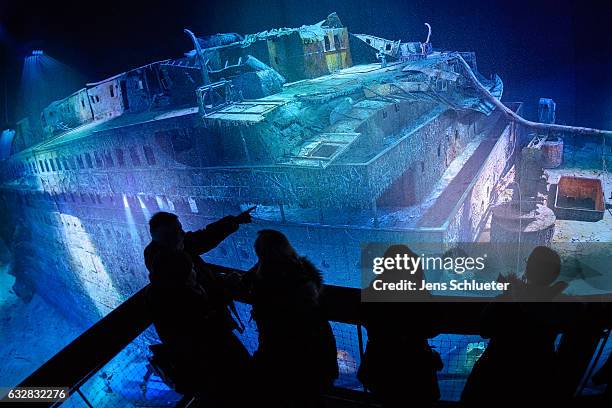 People look at a large-scale 360 degree panorama presentation of the Titanic shipwreck by artist Yadegar Asisi during a press preview on January 27,...