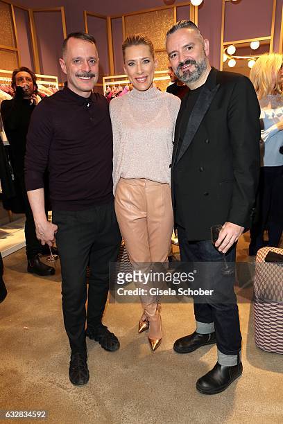 Designer Johnny Talbot , Marisa Leonie Bach wearing an outfit by Talbot Runhof and designer Adrian Runhof during the Talbot Runhof boutique opening...