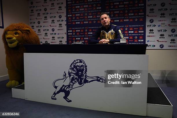 Neil Harris the Millwall manager speaks to the media during the Millwall Press Conference ahead of Sunday's FA Cup fixture against Watford at The Den...