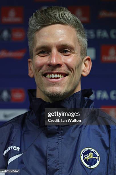 Steve Morison of Millwall speaks to the media during the Millwall Press Conference ahead of Sunday's FA Cup fixture against Watford at The Den on...