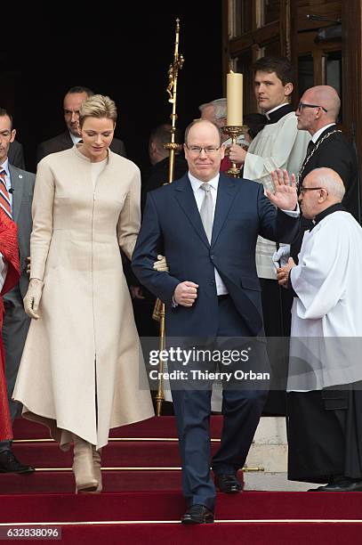 Prince Albert II of Monaco And Princesse Charlene Of Monaco leave the Cathedral of Monaco after a mass during the ceremonies the Sainte-Devote...