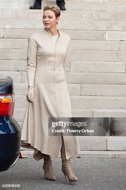 Prince Albert II of Monaco And Princesse Charlene Of Monaco leave the Cathedral of Monaco after a mass during the ceremonies the Sainte-Devote...