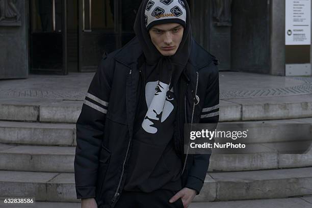 Model seen in the streets of Paris during Men's Fashion Week Fall/Winter 2017/18 on January 23, 2017 in Paris, France.