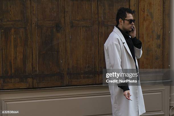 Model seen in the streets of Paris during Men's Fashion Week Fall/Winter 2017/18 on January 23, 2017 in Paris, France.