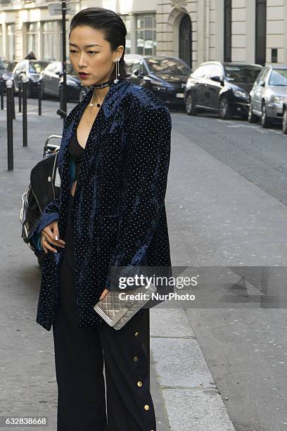 Model seen in the streets of Paris during Men's Fashion Week Fall/Winter 2017/18 on January 23, 2017 in Paris, France.