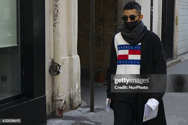 Model seen in the streets of Paris during Men's Fashion Week Fall/Winter 2017/18 on January 23, 2017 in Paris, France.