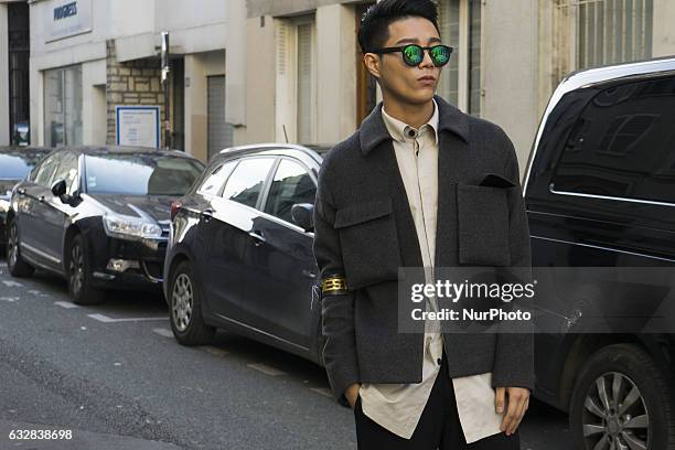 Model seen in the streets of Paris during Men's Fashion Week Fall/Winter 2017/18 on January 23, 2017 in Paris, France.