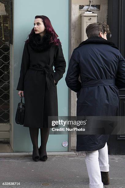 Model seen in the streets of Paris during Men's Fashion Week Fall/Winter 2017/18 on January 23, 2017 in Paris, France.