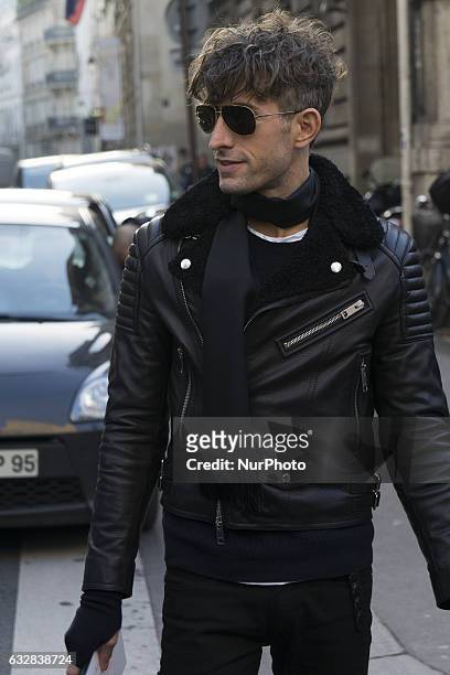Model seen in the streets of Paris during Men's Fashion Week Fall/Winter 2017/18 on January 23, 2017 in Paris, France.