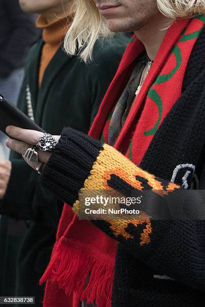 Model seen in the streets of Paris during Men's Fashion Week Fall/Winter 2017/18 on January 23, 2017 in Paris, France.