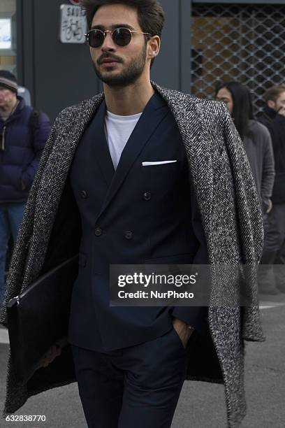 Model seen in the streets of Paris during Men's Fashion Week Fall/Winter 2017/18 on January 23, 2017 in Paris, France.