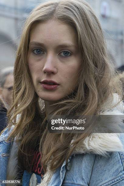 Model seen in the streets of Paris during Men's Fashion Week Fall/Winter 2017/18 on January 23, 2017 in Paris, France.