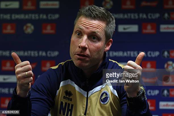 Neil Harris the Millwall manager speaks to the media during the Millwall Press Conference ahead of Sunday's FA Cup fixture against Watford at The Den...