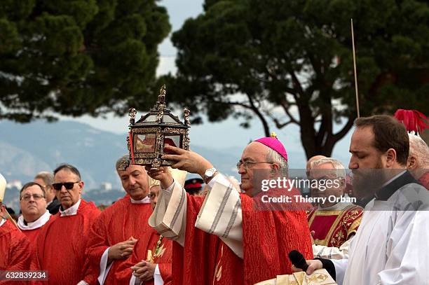 Ceremonies take place in front of the Monaco Palace for Sainte-Devote on January 27, 2017 in Monaco, Monaco. Sainte devote is the patron saint of The...