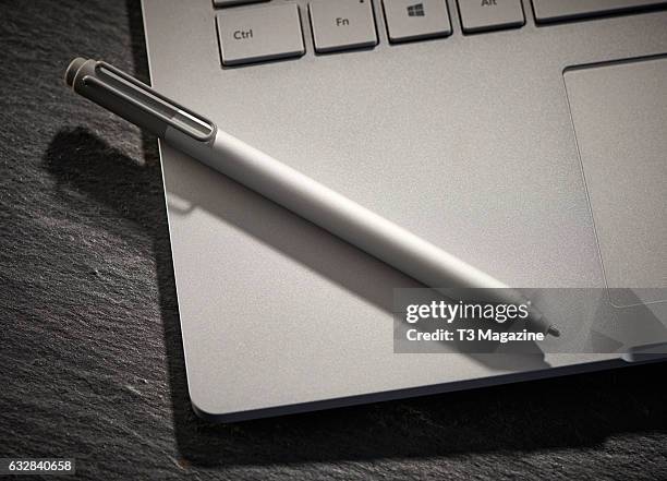 Detail of a Microsoft Surface Pro laptop computer and Surface Pen, taken on June 10, 2016.