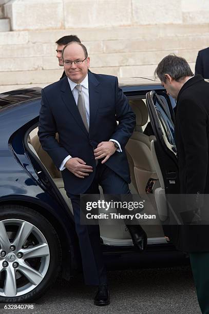 Prince Albert II of Monaco leaves the Cathedral of Monaco after a mass during the ceremonies of the Sainte-Devote on January 27, 2017 in Monaco,...