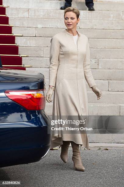 Princess Charlene Of Monaco leaves the Cathedral of Monaco after a mass during the ceremonies of the Sainte-Devote on January 27, 2017 in Monaco,...