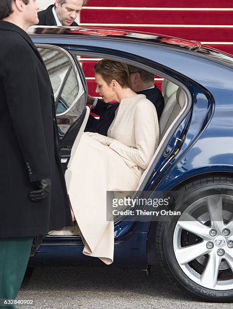 Prince Albert II of Monaco and Princess Charlene Of Monaco leave the Cathedral of Monaco after a mass during the ceremonies of the Sainte-Devote on...
