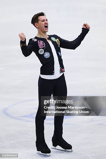 Maxim Kovtun of Russia reacts after competing in the Men's Short Program during day 3 of the European Figure Skating Championships at Ostravar Arena...