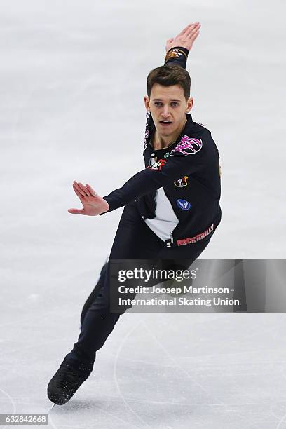 Maxim Kovtun of Russia competes in the Men's Short Program during day 3 of the European Figure Skating Championships at Ostravar Arena on January 27,...