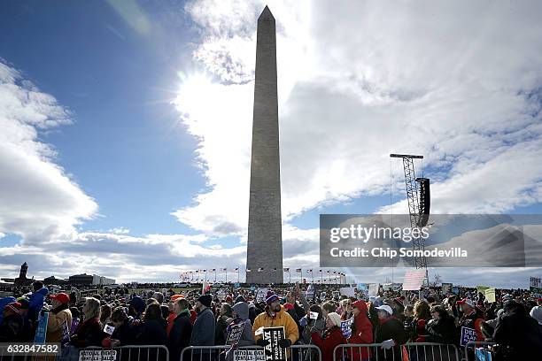 Thousands of people gather for a rally before the start of the 44th annual March for Life at the base of the Washington Monument January 27, 2017 in...