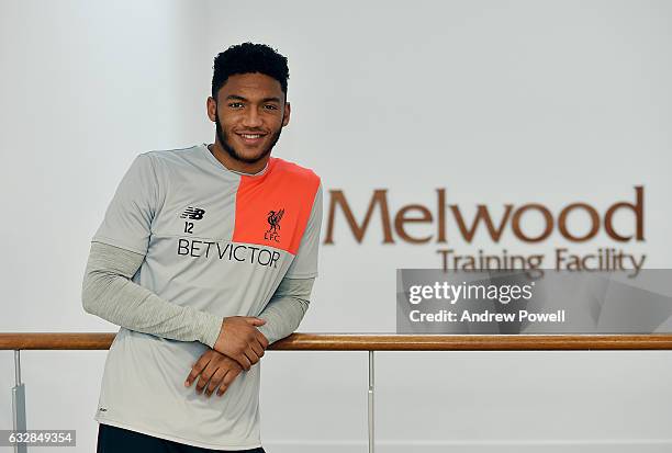 Joe Gomez of Liverpool after signing a new contract at Melwood Training Ground on January 27, 2017 in Liverpool, England.