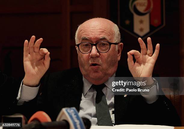 President Carlo Tavecchio gestures during the press conference after the Federal Council of the Italian Football Federation meeting on January 27,...