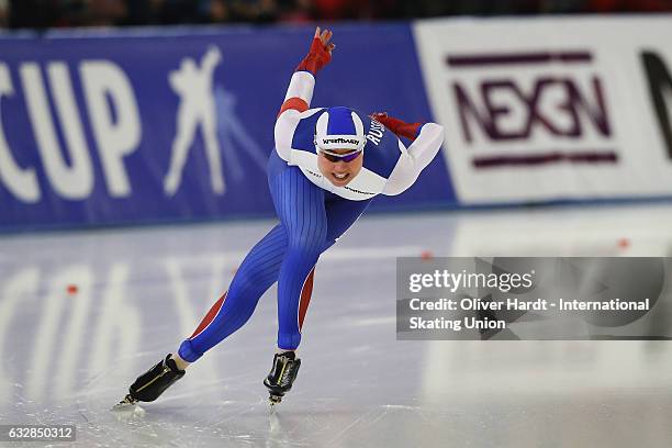 Olga Fatkulina of Russia competes in the Ladies Divison A 500m race during the ISU World Cup Speed Skating Day 1 at the Sportforum Berlin Stadium on...