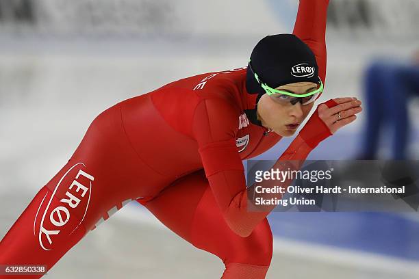Hege Bokko of Norway competes in the Ladies Divison A 500m race during the ISU World Cup Speed Skating Day 1 at the Sportforum Berlin Stadium on...