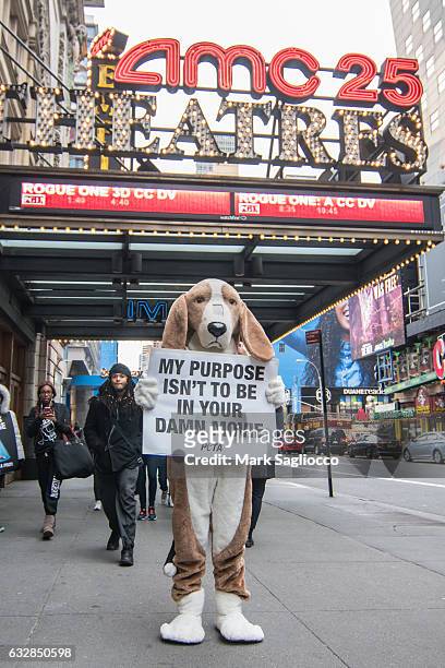 Protests "A Dog's Purpose" on Opening Night at AMC Empire 25 theater on January 27, 2017 in New York City.