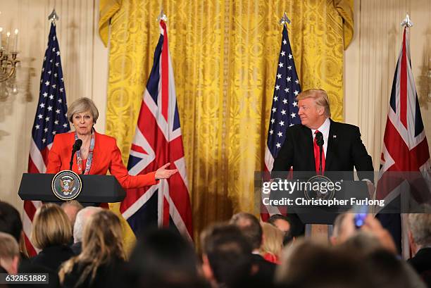 British Prime Minister Theresa May speaks during a joint press conference with U.S. President Donald Trump in The East Room at The White House on...