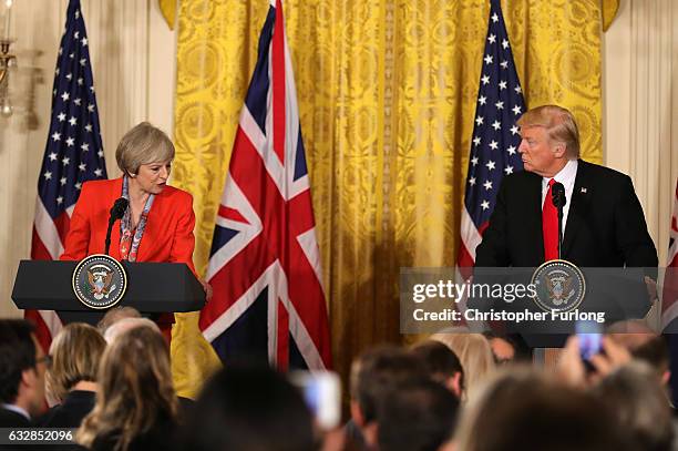 British Prime Minister Theresa May speaks during a joint press conference with U.S. President Donald Trump in The East Room at The White House on...