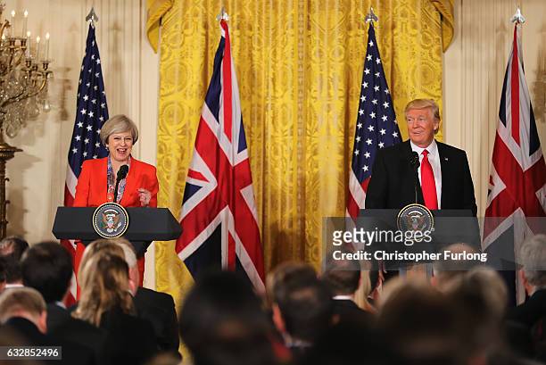 British Prime Minister Theresa May speaks during a joint press conference with U.S. President Donald Trump in The East Room at The White House on...