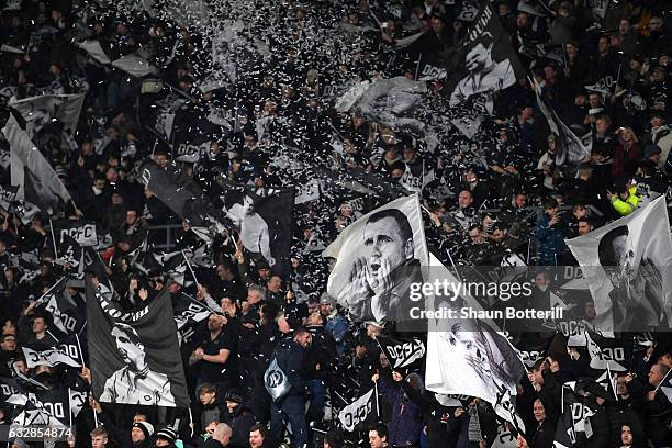 Fans show their support during The Emirates FA Cup Fourth Round match between Derby County and Leicester City at iPro Stadium on January 27, 2017 in...