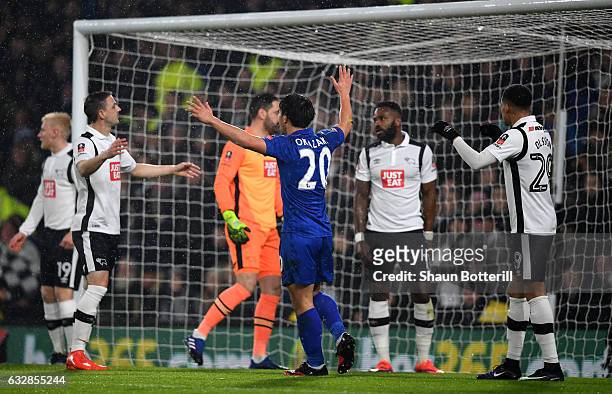 Shinji Okazaki of Leicester City celebrates as Darren Bent of Derby County scores an own goal during The Emirates FA Cup Fourth Round match between...