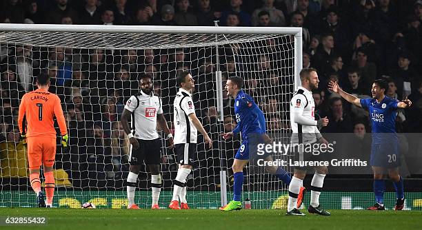 Leicester City players celebrate after Darren Bent of Derby County scores an own goal during The Emirates FA Cup Fourth Round match between Derby...