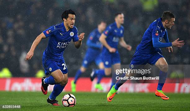 Shinji Okazaki of Leicester City in action during The Emirates FA Cup Fourth Round match between Derby County and Leicester City at iPro Stadium on...