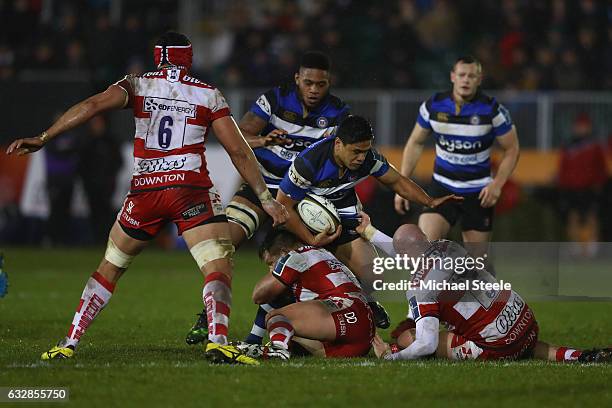 Ben Tapuai of Bath is tackled during the Anglo Welsh Cup match between Bath Rugby and Gloucester Rugby at the Recreation Ground on January 27, 2017...