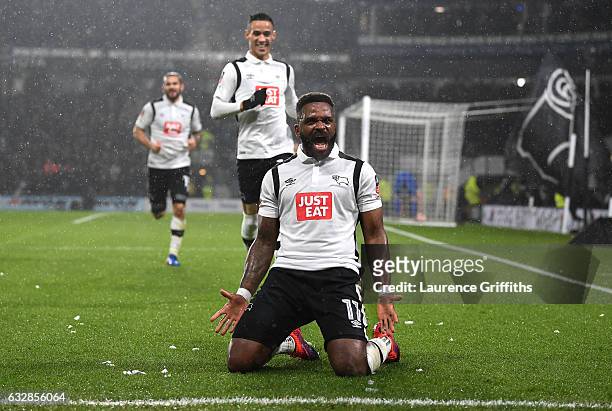 Darren Bent of Derby County celebrates with team mates after scoring his sides first goal during The Emirates FA Cup Fourth Round match between Derby...