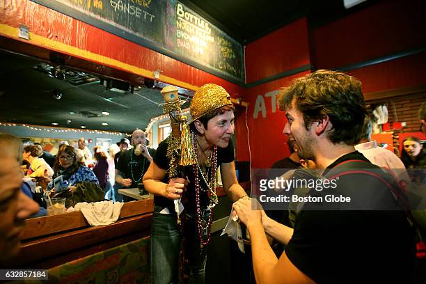 Johnny D's Owner Carla DeLellis shakes hands with Greg Jukes of Somerville, a percussionist who was thanking her for providing a venue for musicians,...