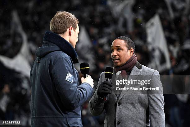 Dan Walker and Paul Ince speak prior to The Emirates FA Cup Fourth Round match between Derby County and Leicester City at iPro Stadium on January 27,...