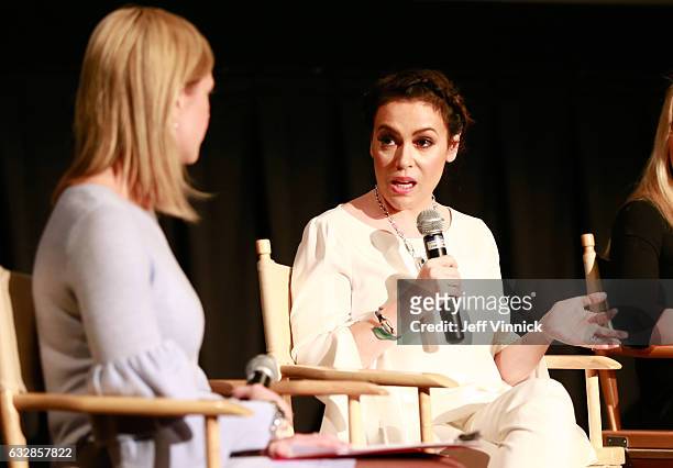 Kathryn Tappen, host, NBC Sports, and Alyssa Milano, entrepreneur, actress, philanthropist & founder, Touch by Alyssa Milano, speak onstage at the...