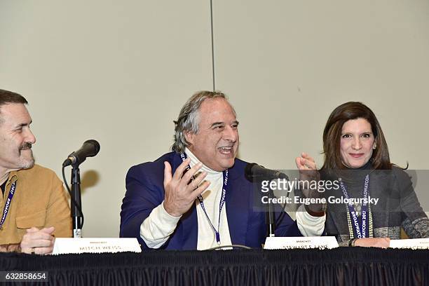 Panelists Mitch Weiss, Stewart F. Lane and Stacey Mindich speak at BroadwayCon 2017 at The Jacob K. Javits Convention Center on January 27, 2017 in...