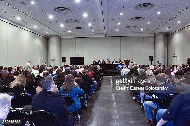 Panelists Ken Davenport, Alia Harvey Jones, John Breglio, Mitch Weiss, Stewart F. Lane and Stacey Mindich speak at BroadwayCon 2017 at The Jacob K....