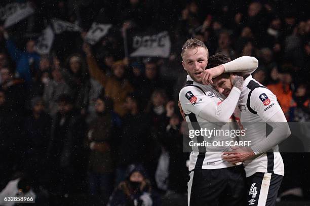 Derby's Scottish defender Craig Bryson celebrates with Derby's Scottish striker Johnny Russell after scoring their second goal during the English FA...
