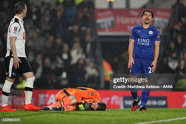 Dejected Shinji Okazaki of Leicester City as Scott Carson of Derby County saves at his feet during the Emirates FA Cup Fourth Round match between...