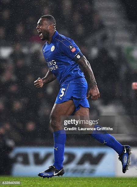 Wes Morgan of Leicester City celebrates scoring his sides second goal during The Emirates FA Cup Fourth Round match between Derby County and...