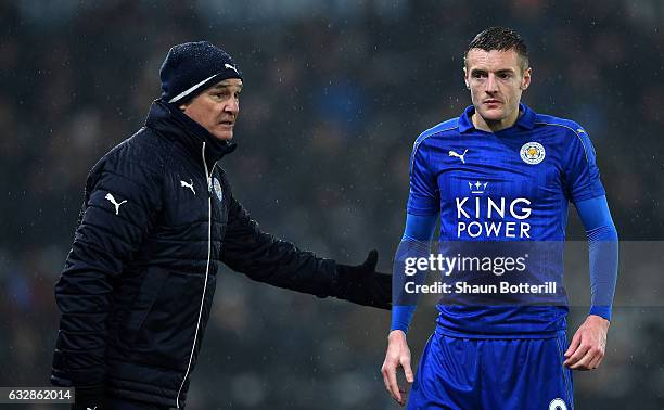 Claudio Ranieri, Manager of Leicester City speaks with Jamie Vardy of Leicester City during The Emirates FA Cup Fourth Round match between Derby...
