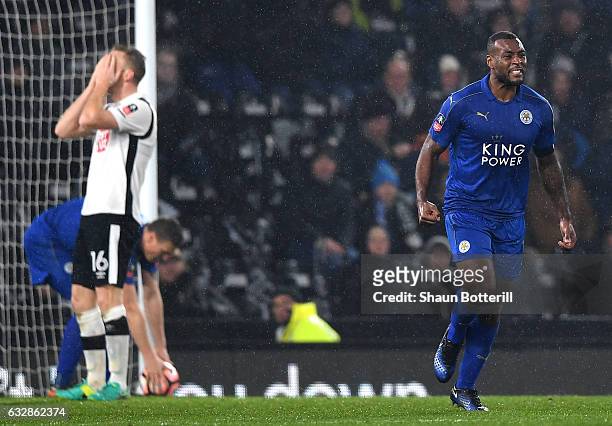 Wes Morgan of Leicester City celebrates scoring his sides second goal during The Emirates FA Cup Fourth Round match between Derby County and...