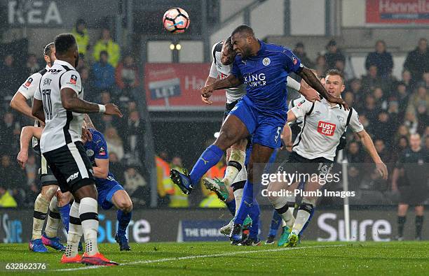 Wes Morgan of Leicester City scores with a header to make it 2-2 during the Emirates FA Cup Fourth Round tie between Derby County and Leicester City...